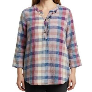 Ali Miles Plus Size 1X Denim Chambray-Look Wearable Art Blouse Shirt Top Pink